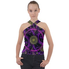 Fractal Neon Rings Geometric Cross Neck Velour Top