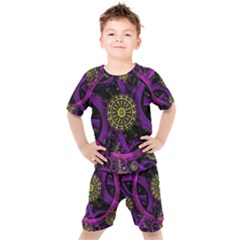 Fractal Neon Rings Geometric Kids  Tee And Shorts Set by Pakrebo