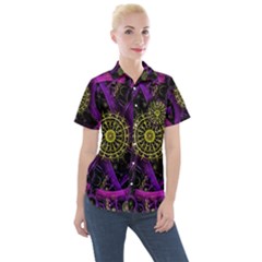 Fractal Neon Rings Geometric Women s Short Sleeve Pocket Shirt