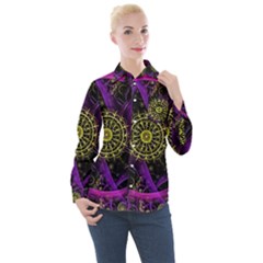 Fractal Neon Rings Geometric Women s Long Sleeve Pocket Shirt