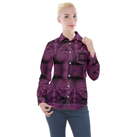 Fractal Magenta Pattern Geometry Women s Long Sleeve Pocket Shirt by Pakrebo