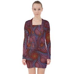 Fractal Red Fractal Art Digital Art V-neck Bodycon Long Sleeve Dress