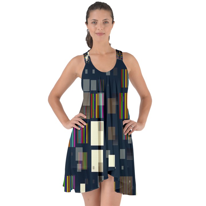 Blocks Pattern Rainbow Texture Show Some Back Chiffon Dress