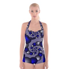 Balls Circles Fractal Silver Blue Boyleg Halter Swimsuit  by Pakrebo