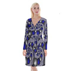 Balls Circles Fractal Silver Blue Long Sleeve Velvet Front Wrap Dress by Pakrebo