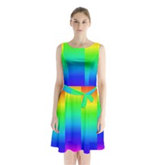 Rainbow Colour Bright Background Sleeveless Waist Tie Chiffon Dress