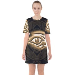 Golden Ornament Round Art Form Sixties Short Sleeve Mini Dress by Pakrebo