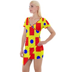 Pattern Design Backdrop Red Blue Yellow Short Sleeve Asymmetric Mini Dress by Pakrebo