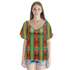 Love For The Fantasy Flowers With Happy Joy V-neck Flutter Sleeve Top by pepitasart