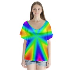 Rainbow Colour Bright Background V-neck Flutter Sleeve Top by Pakrebo