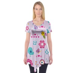 Birds Floral Flowers Retro Spring Short Sleeve Tunic  by Pakrebo