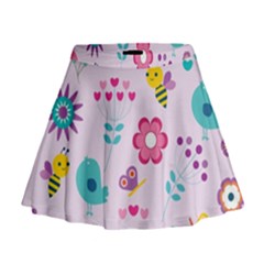 Birds Floral Flowers Retro Spring Mini Flare Skirt by Pakrebo