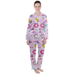 Birds Floral Flowers Retro Spring Satin Long Sleeve Pyjamas Set