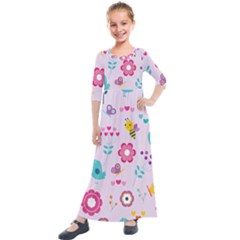 Birds Floral Flowers Retro Spring Kids  Quarter Sleeve Maxi Dress by Pakrebo