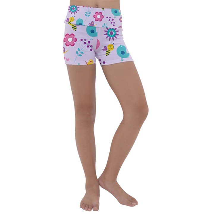 Birds Floral Flowers Retro Spring Kids  Lightweight Velour Yoga Shorts