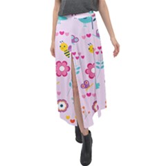 Birds Floral Flowers Retro Spring Velour Split Maxi Skirt