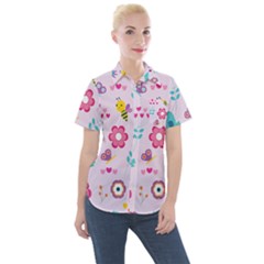 Birds Floral Flowers Retro Spring Women s Short Sleeve Pocket Shirt