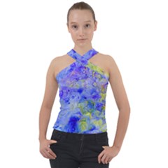 Abstract Blue Cross Neck Velour Top