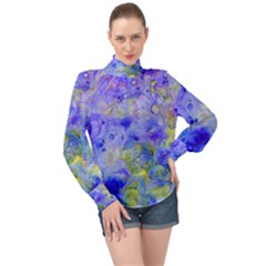 Abstract Blue High Neck Long Sleeve Chiffon Top