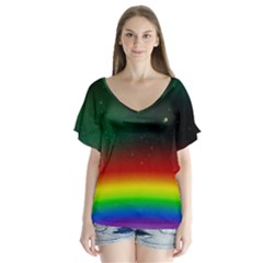 Galaxy Rainbow Universe Star Space V-neck Flutter Sleeve Top by Pakrebo