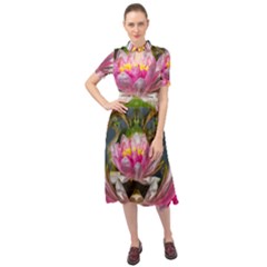 Flower Ornament Color Background Keyhole Neckline Chiffon Dress