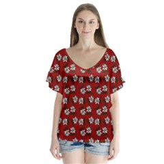 Daisy Red V-neck Flutter Sleeve Top