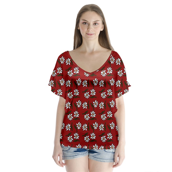 Daisy Red V-Neck Flutter Sleeve Top