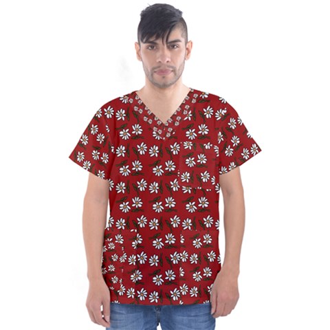 Daisy Red Men s V-neck Scrub Top by snowwhitegirl