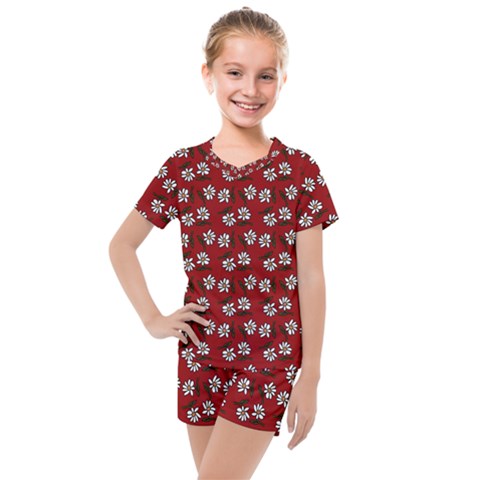 Daisy Red Kids  Mesh Tee And Shorts Set by snowwhitegirl