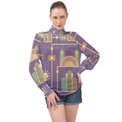 Background Infographic Travel High Neck Long Sleeve Chiffon Top