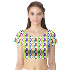 Retro Rainbow Gradient Peace Symbol Short Sleeve Crop Top by Pakrebo