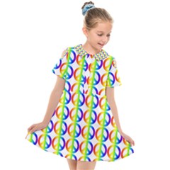 Retro Rainbow Gradient Peace Symbol Kids  Short Sleeve Shirt Dress by Pakrebo