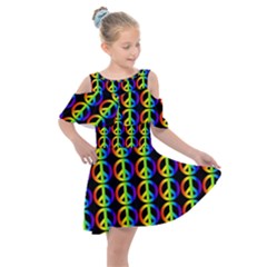 Retro Rainbow Gradient Peace Symbol Kids  Shoulder Cutout Chiffon Dress by Pakrebo