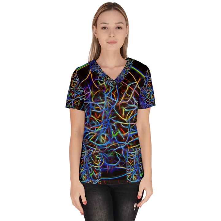 Neon Background Light Design Women s V-Neck Scrub Top