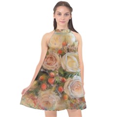 Ackground Flowers Colorful Halter Neckline Chiffon Dress  by Pakrebo