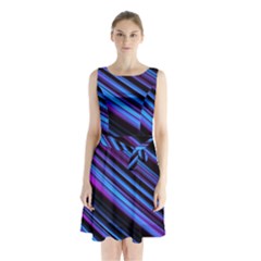 Blue Abstract Lines Pattern Light Sleeveless Waist Tie Chiffon Dress