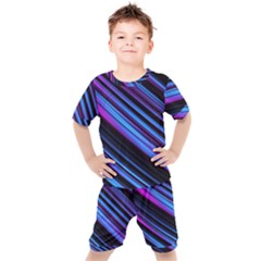 Blue Abstract Lines Pattern Light Kids  Tee And Shorts Set by Pakrebo