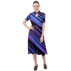 Blue Abstract Lines Pattern Light Keyhole Neckline Chiffon Dress