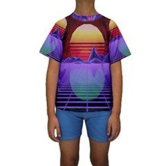 Synthwave Retrowave Synth Kids  Short Sleeve Swimwear by Pakrebo