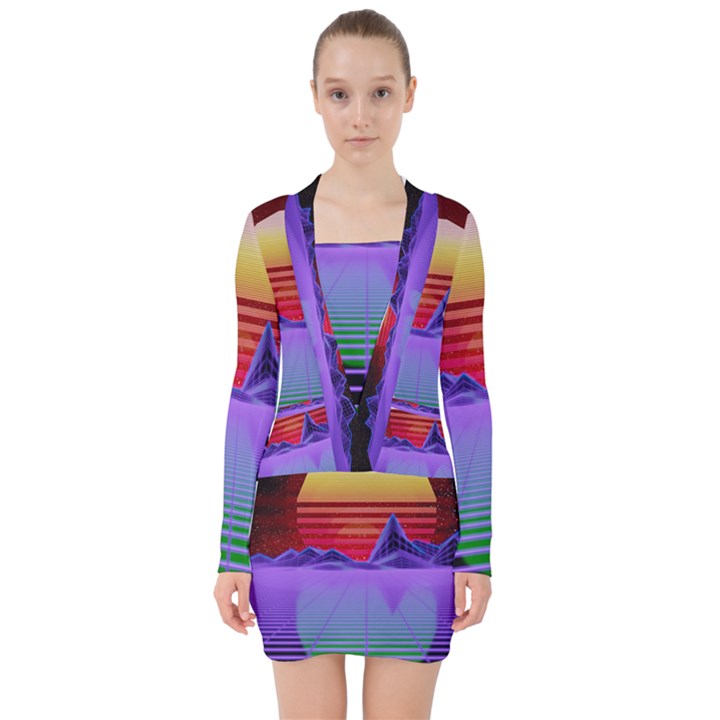 Synthwave Retrowave Synth V-neck Bodycon Long Sleeve Dress