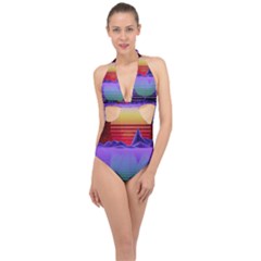 Synthwave Retrowave Synth Halter Front Plunge Swimsuit by Pakrebo