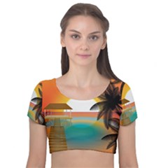 Sunset Beach Beach Palm Ocean Velvet Short Sleeve Crop Top  by Pakrebo