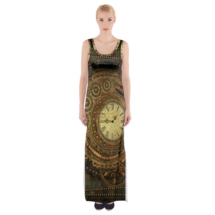 Noble Steampunk Clockwork Maxi Thigh Split Dress