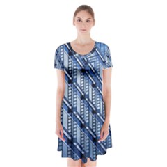 Abstract Architecture Azure Short Sleeve V-neck Flare Dress by Pakrebo