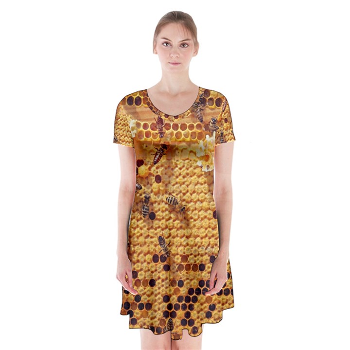 Bees Nature Animals Honeycomb Short Sleeve V-neck Flare Dress