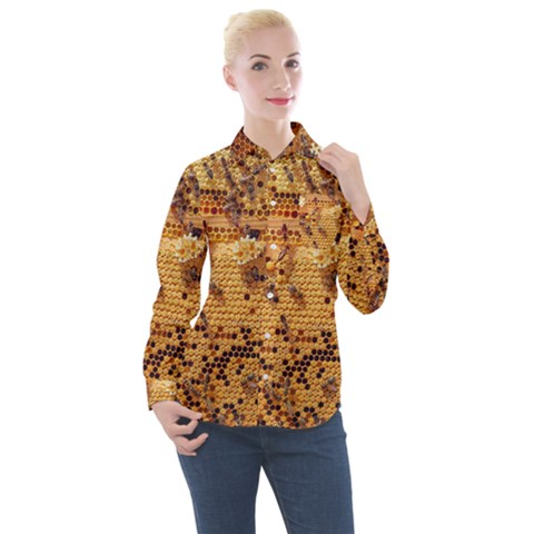 Bees Nature Animals Honeycomb Women s Long Sleeve Pocket Shirt by Pakrebo