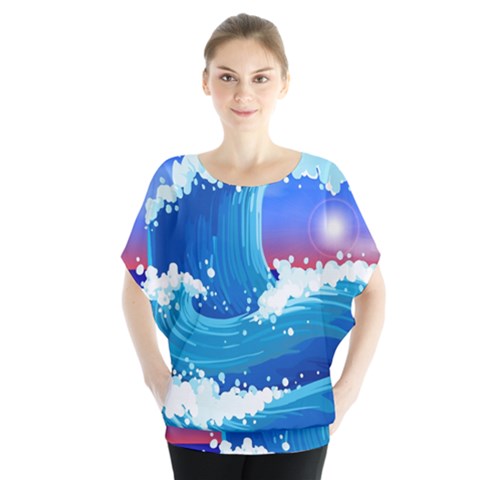 Japanese Wave Japanese Ocean Waves Batwing Chiffon Blouse by Pakrebo