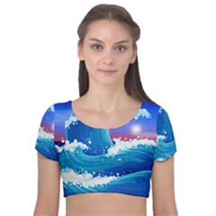 Japanese Wave Japanese Ocean Waves Velvet Short Sleeve Crop Top  by Pakrebo