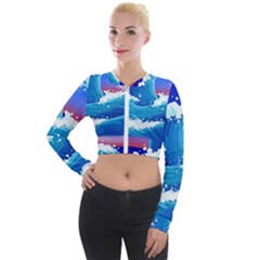 Japanese Wave Japanese Ocean Waves Long Sleeve Cropped Velvet Jacket