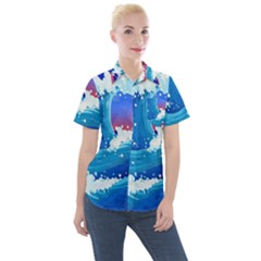 Japanese Wave Japanese Ocean Waves Women s Short Sleeve Pocket Shirt